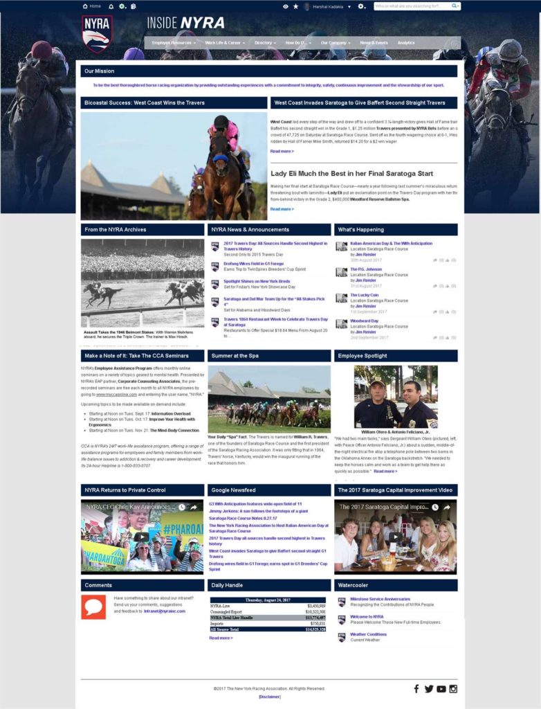 New York Racing Association intranet homepage