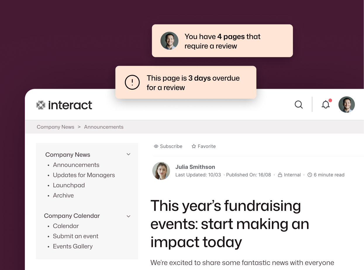 A strong point for Staffbase alternatives, Interact alerts owners when pages are overdue for review, here flagging 4 pages needing attention for Julia Smithson.