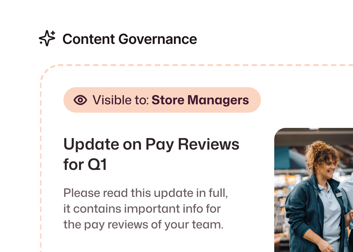 Showcase of three AI features: Content Governance showing a Q1 pay review update targeted to Store Managers, Insights agent with recognition update, and Auto translate options.