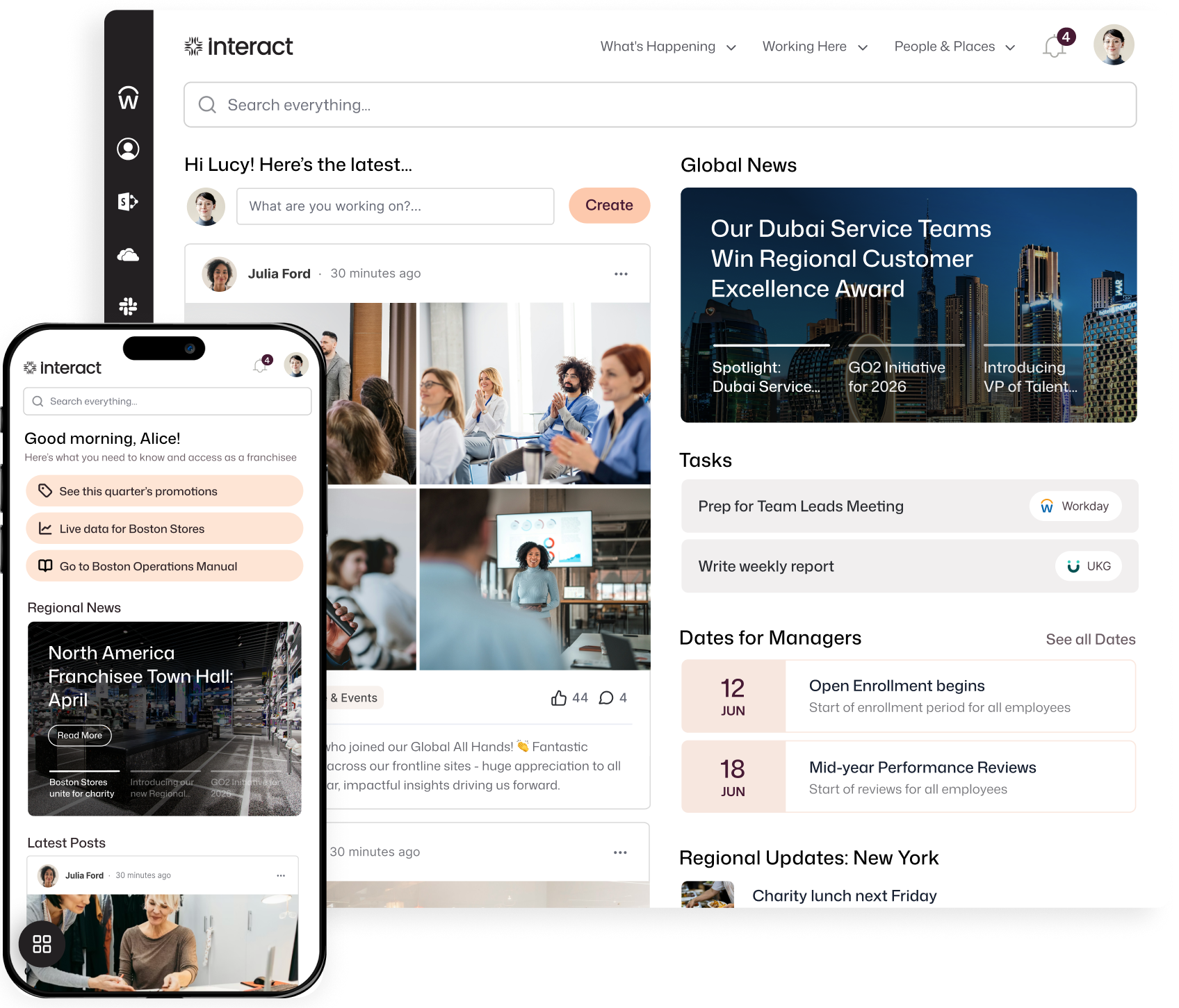 Request an intranet demo to see Interact's desktop and mobile home screens, featuring personalized feeds for Lucy and Alice, global news, manager tasks, and regional updates.